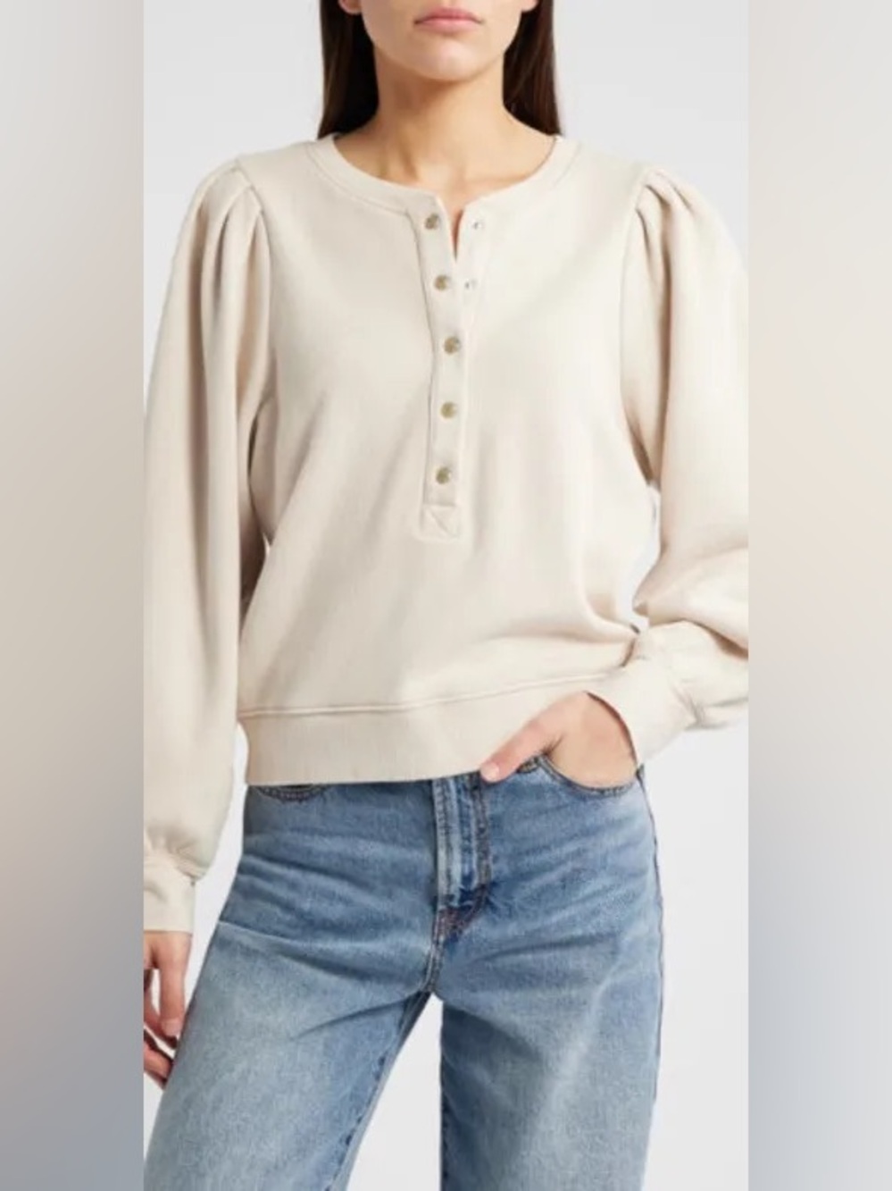 Rails Mariana cotton French terry henley pullover sweatshirt puff sleeves sand M